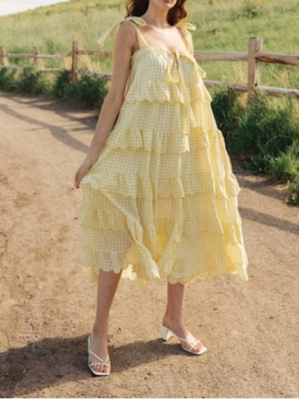 Yellow Gingham Tiered Ruffle Sundress with Tie Straps
